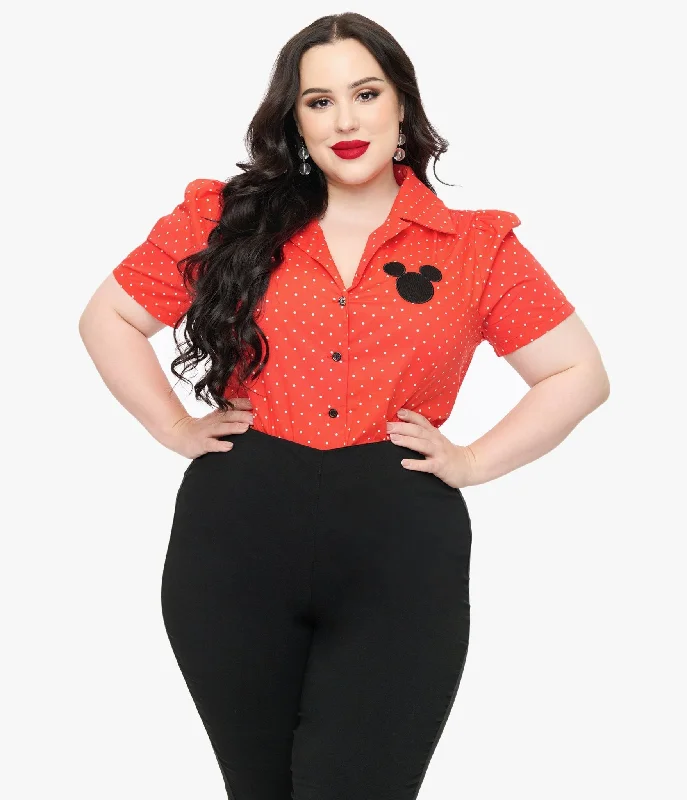 Disney Mickey & Friends Collection by Unique Vintage Plus Size Red Pin Dot Mickey Mouse Silhouette Cotton Blouse