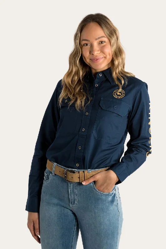 Signature Jillaroo Womens Full Button Work Shirt - Dark Navy/Amber Gold