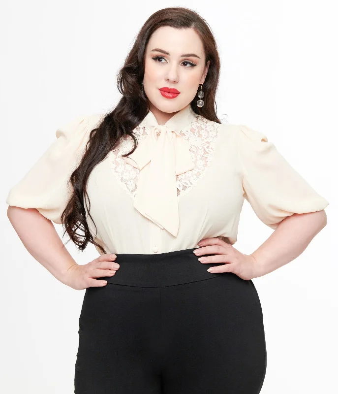 Unique Vintage Plus Size Cream Short Sleeve Neck Tie Gwen Blouse